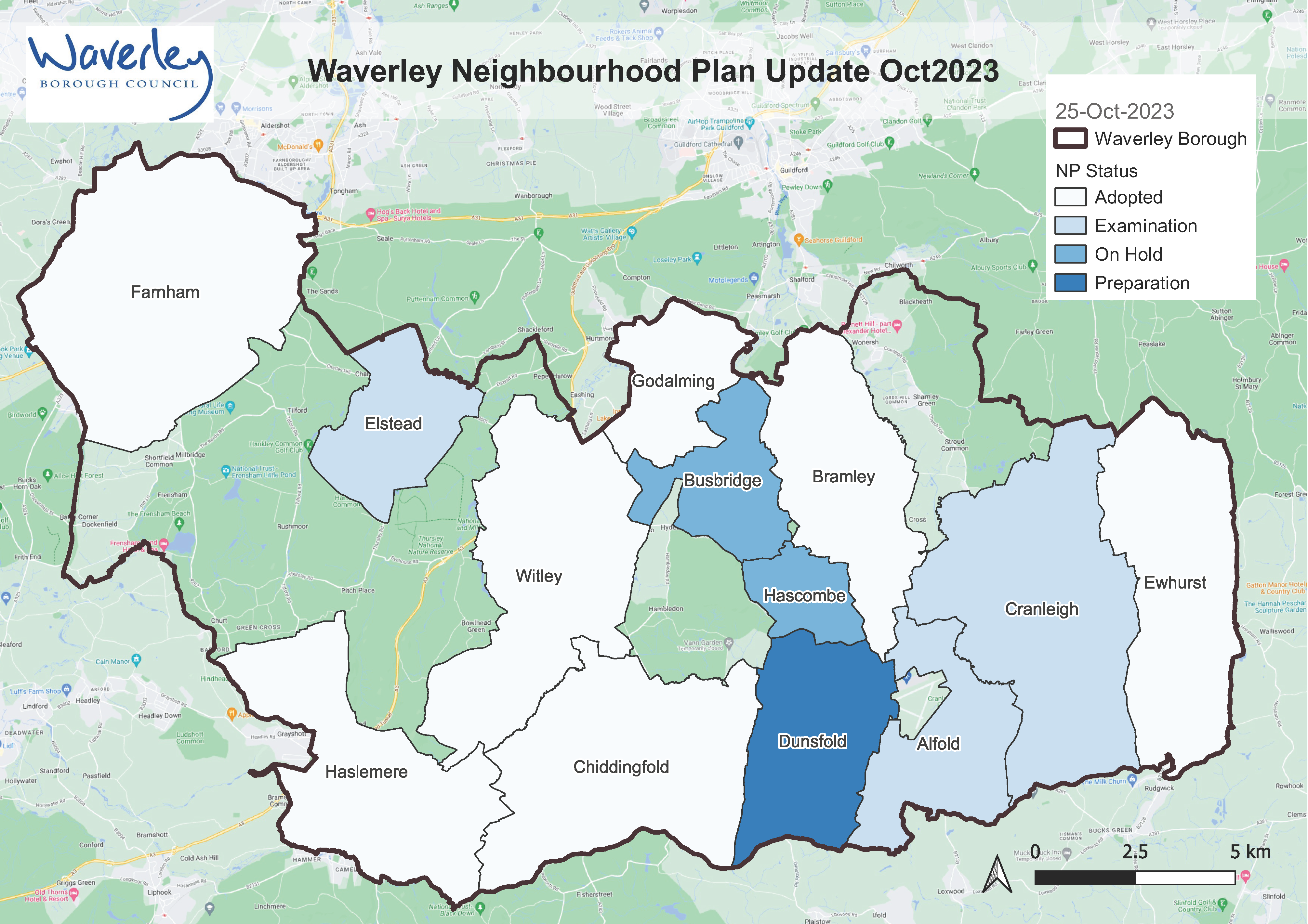 Waverley Neighbourhood Plan update - map showing the status of each neighbourhood plan (adopted, examination, on hold or preparation)